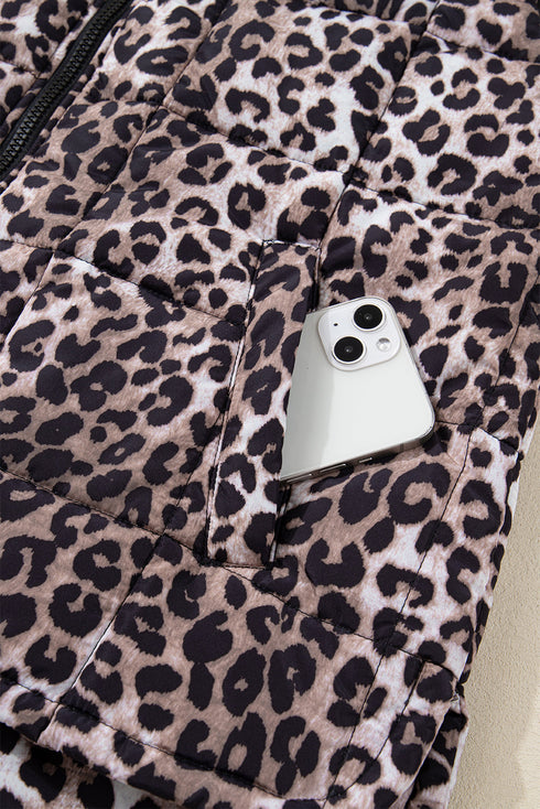 Leopard Quilted Full Zip Stand Collar Puffer Vest